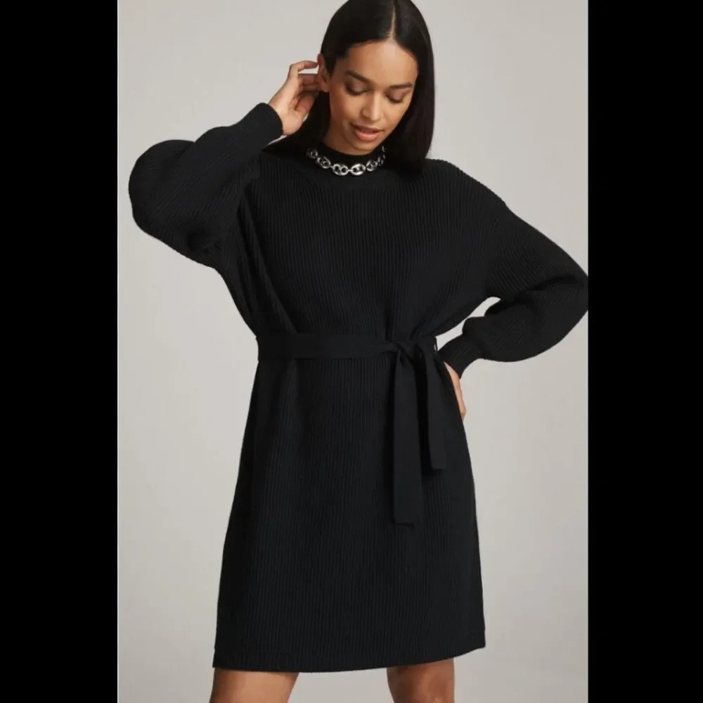 Anthropologie Maeve Long-Sleeve Mock-Neck Tie-Waist Mini Dress
